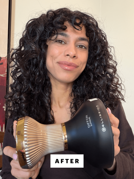 A selfie of Allure senior commerce director Shanna Shipin after using the Bellissima Diffon Supreme Ionic XL Curly Hair...